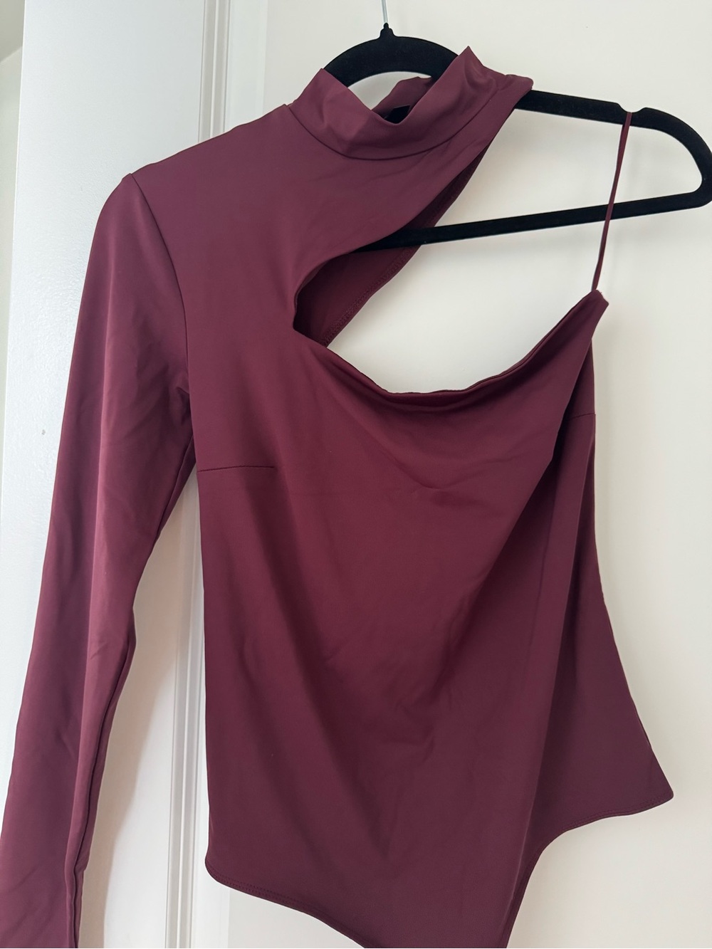 Dynamite Burgundy Asymmetric Cutout Long-Sleeve Bodysuit